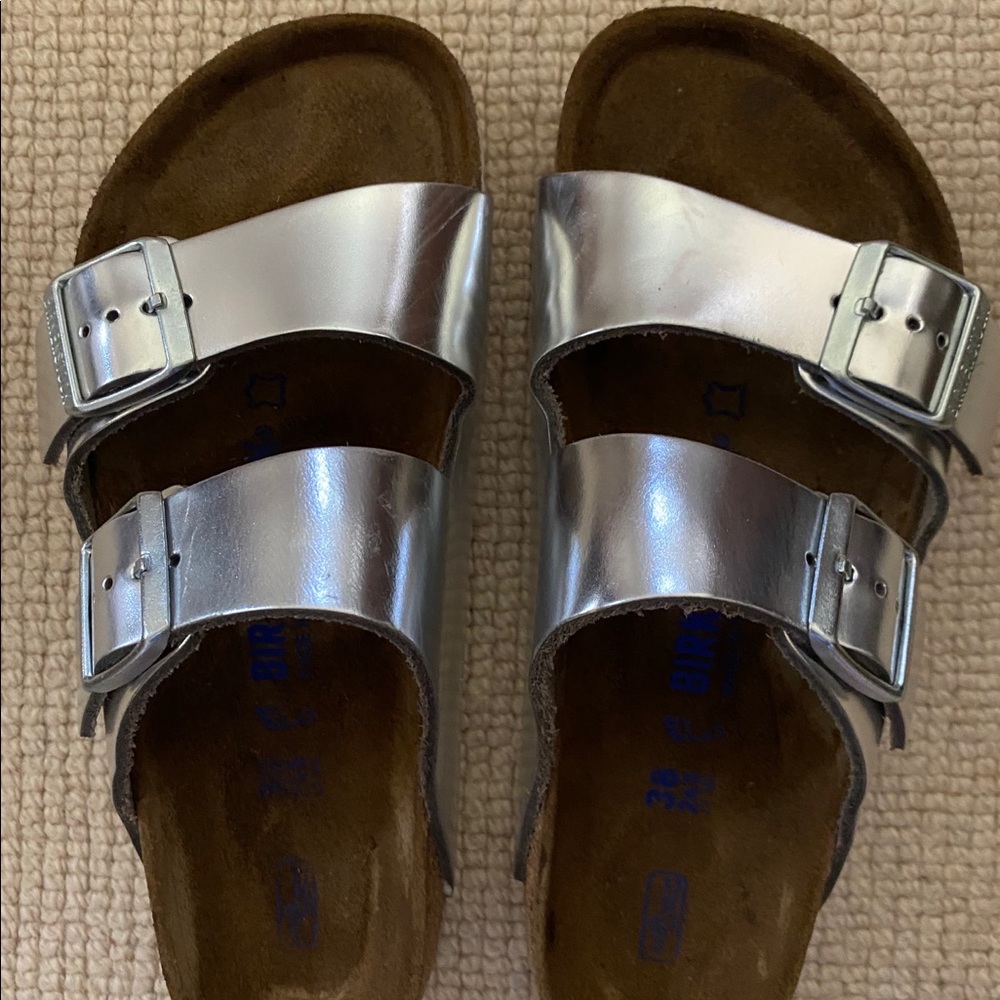 Silver Birkenstock Sandals Arizona Soft Footbed